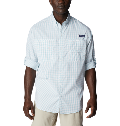 Columbia Men's MRO Logo PFG Super Tamiami™  Long Sleeve Shirt  - Ocean Teal Multi Gingham